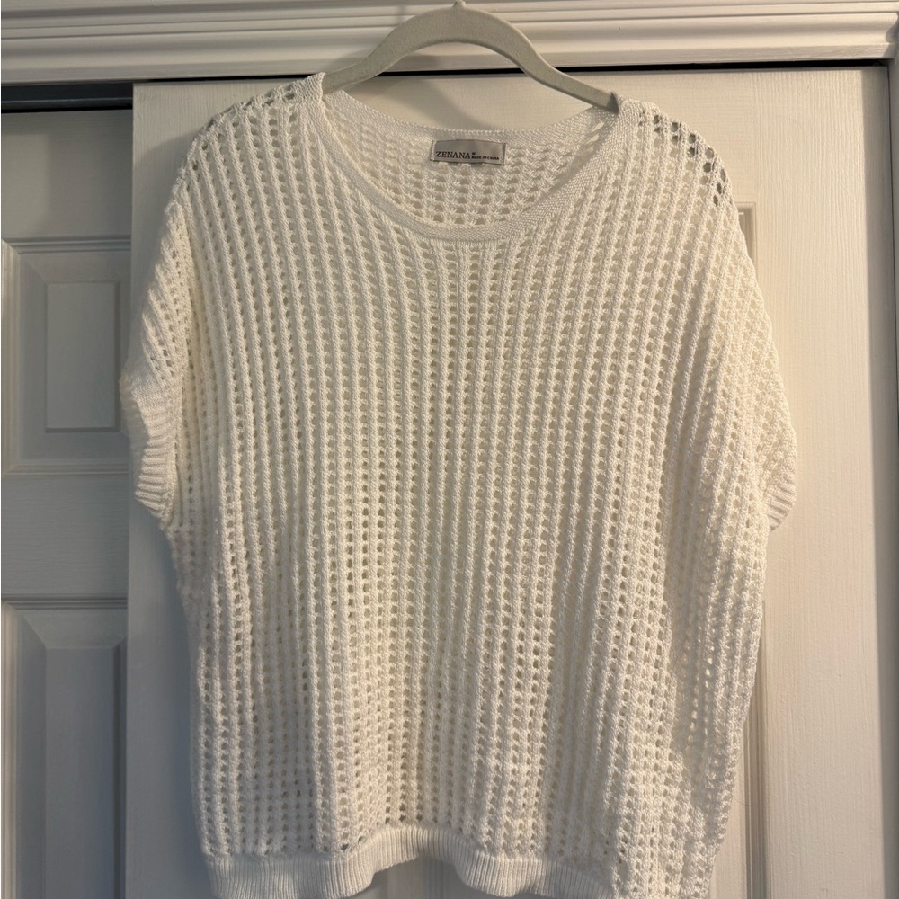 Zenana Outfitters White Crew Neck Sweater with Textured Knit